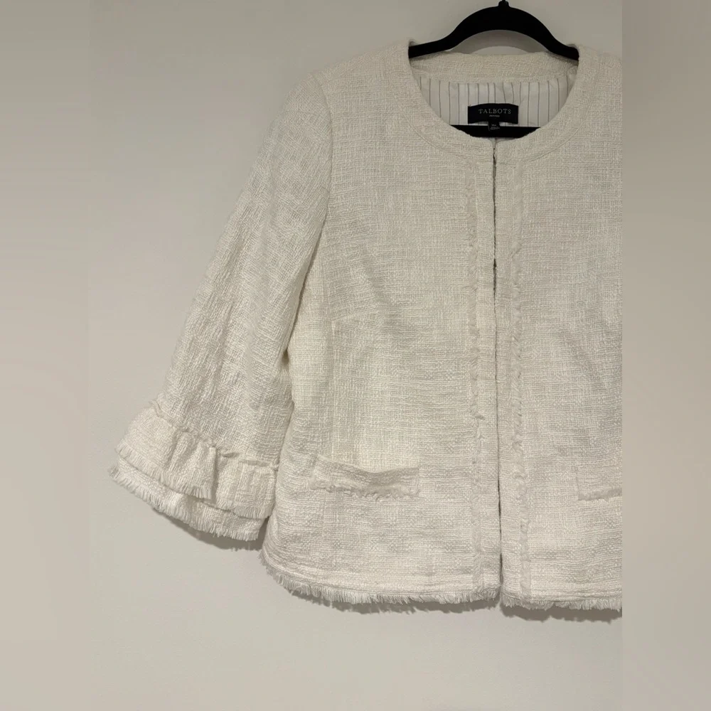 Talbots Women’s White Tweed Ruffle Sleeve Blazer Jacket Workwear Office 16P - Picture 3 of 9